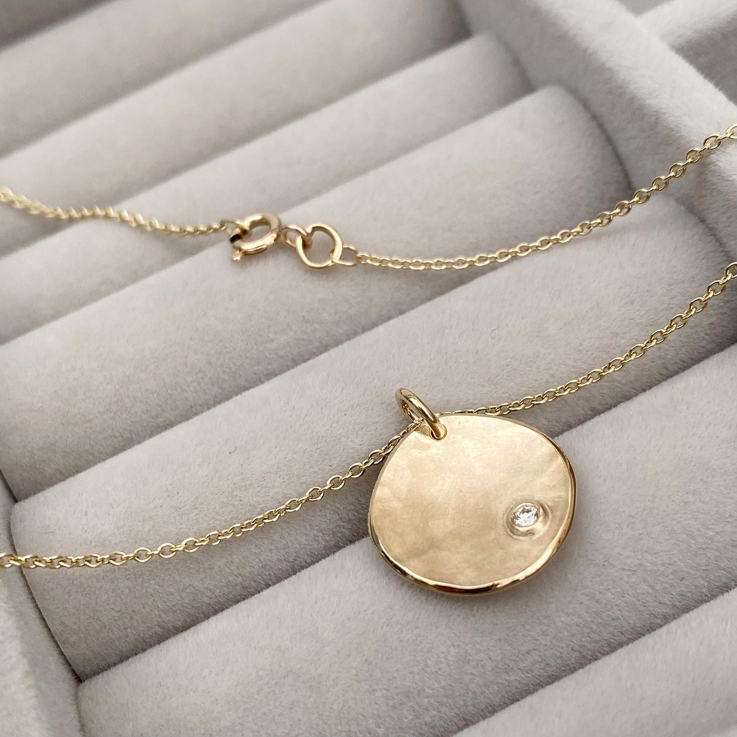 Handmade 9ct yellow, rose or white gold 16mm petal pendant with a 2mm natural diamond on a trace chain