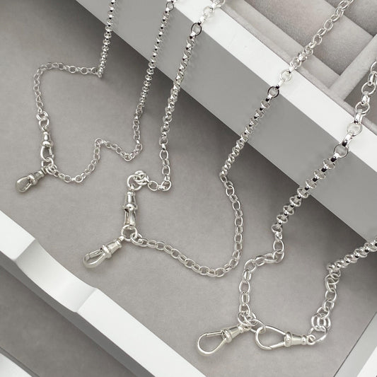 Oxidised or polished solid silver oval belcher Albert swivel clasps chain necklace - Small, medium and large size