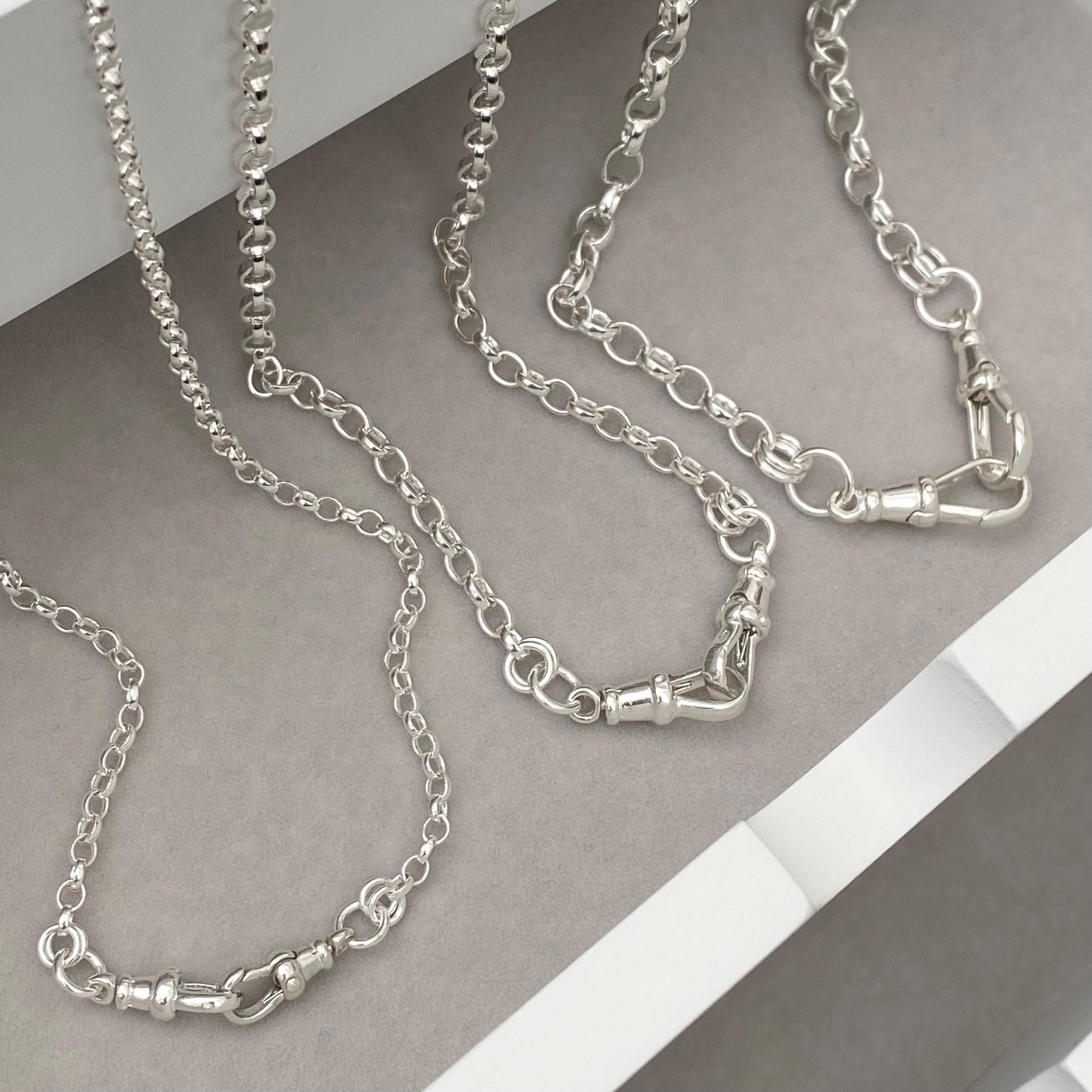 Oxidised or polished solid silver oval belcher Albert swivel clasps chain necklace - Small, medium and large size