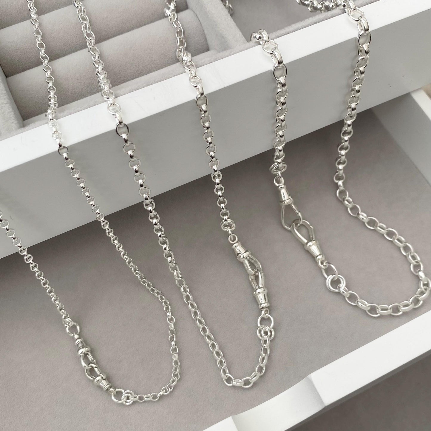 Oxidised or polished solid silver oval belcher Albert swivel clasps chain necklace - Small, medium and large size