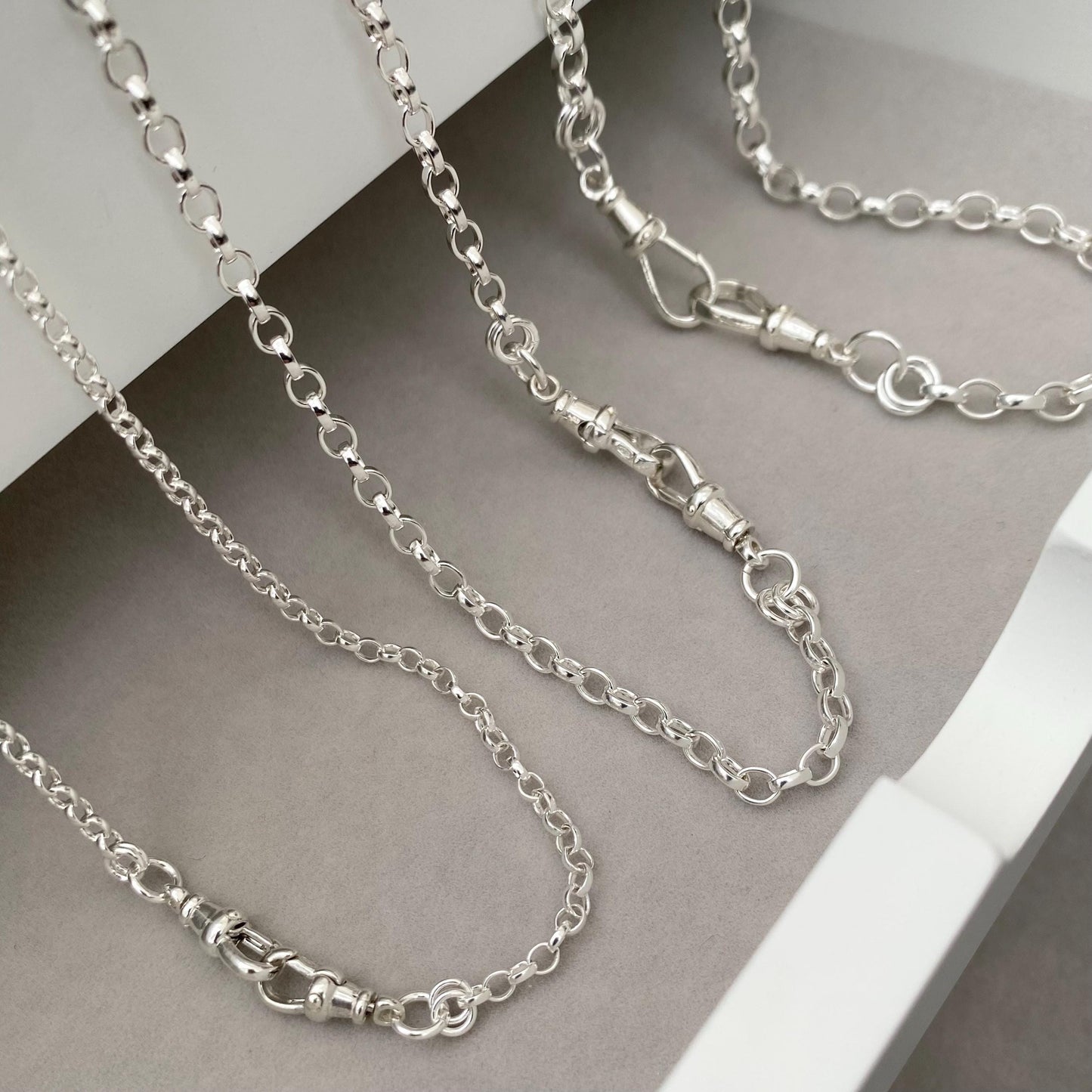 Oxidised or polished solid silver oval belcher Albert swivel clasps chain necklace - Small, medium and large size