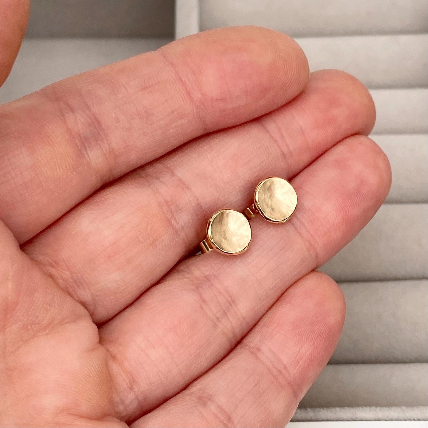 Handmade 9ct yellow gold small 7mm disc petal stud earrings - Also available in 9ct white or 9ct rose gold