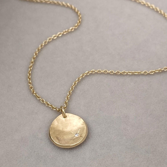 Handmade 9ct solid yellow, rose or white gold 10mm petal charm pendant with a 1.2mm diamond kiss on trace chain