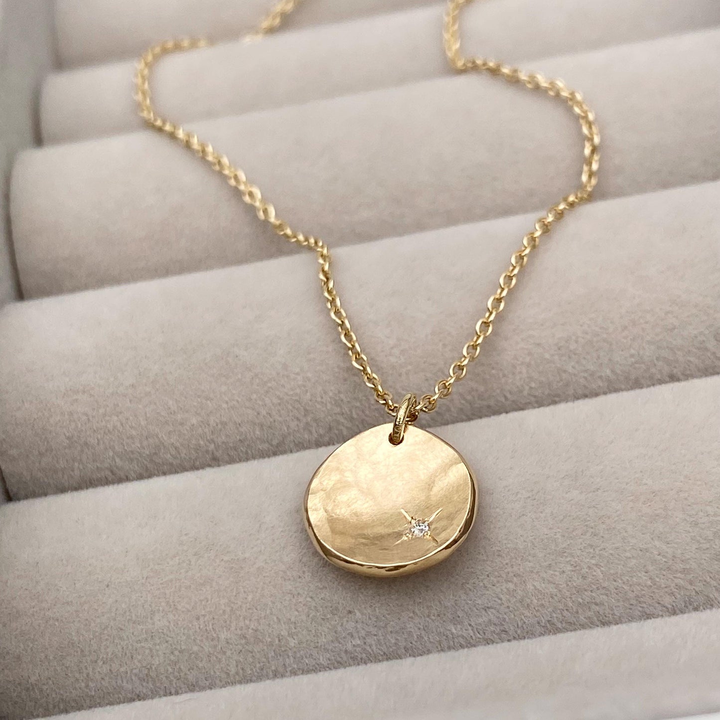 Handmade 9ct solid yellow, rose or white gold 10mm petal charm pendant with a 1.2mm diamond kiss on trace chain