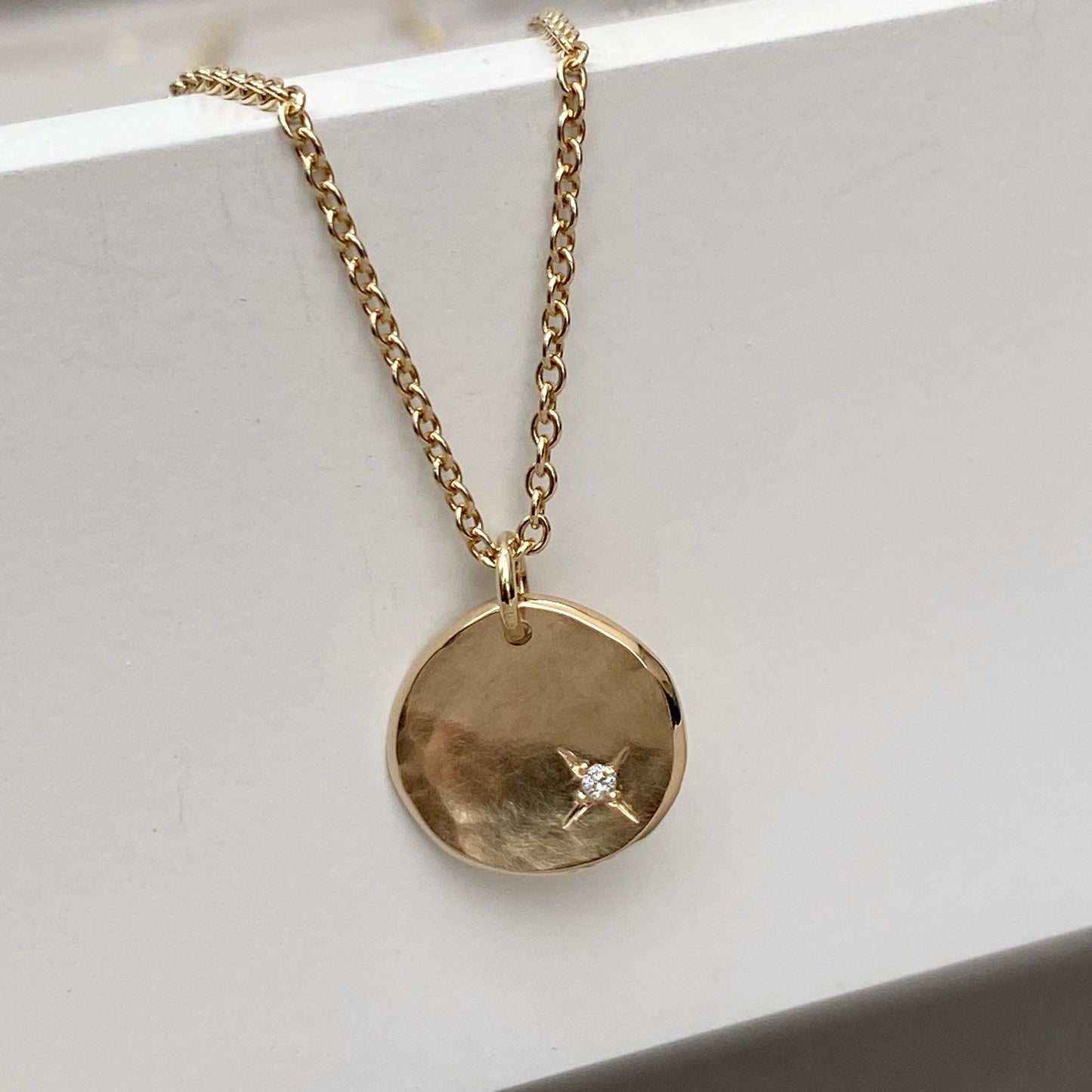 Handmade 9ct solid yellow, rose or white gold 10mm petal charm pendant with a 1.2mm diamond kiss on trace chain