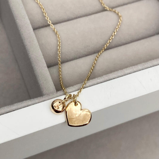 Handmade 9ct solid yellow, rose or white gold heart charm and tiny letter nugget pendant on a trace chain