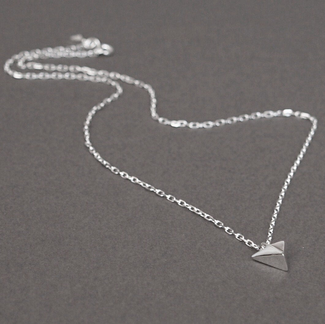 Oxidised or polished solid sterling silver small arrow pendant and diamond cut trace chain