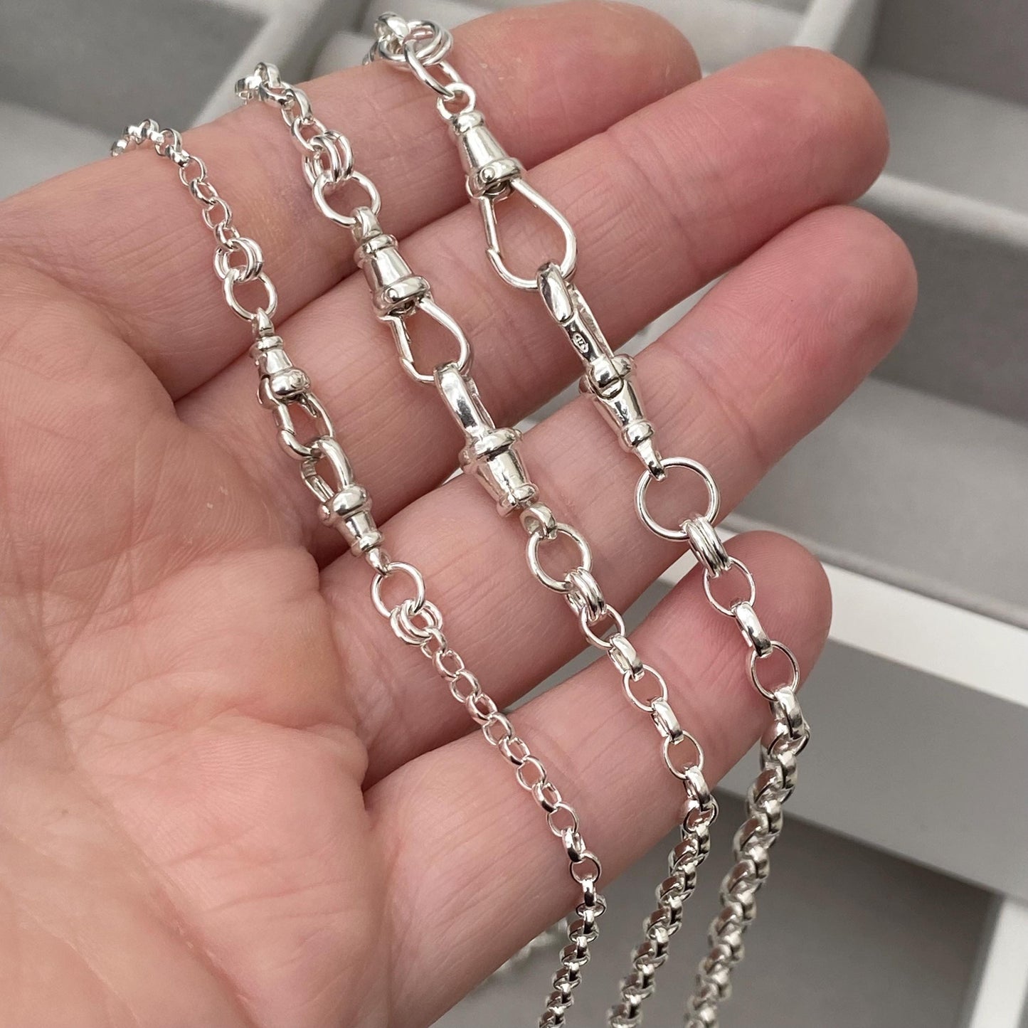 Oxidised or polished solid silver oval belcher Albert swivel clasps chain necklace - Small, medium and large size