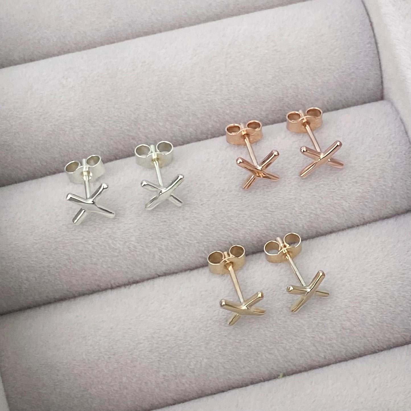 Handmade 9ct yellow, white or rose gold cross kiss stud earrings
