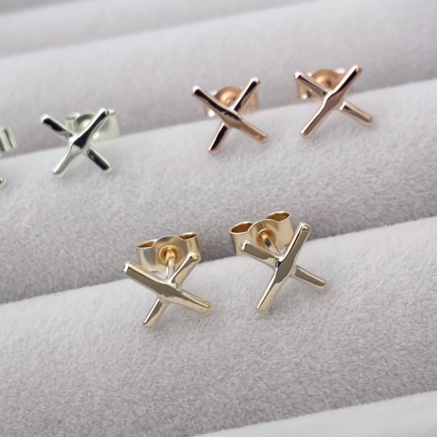 Handmade 9ct yellow, white or rose gold cross kiss stud earrings