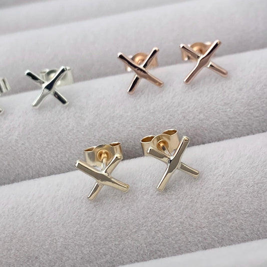 Handmade 9ct yellow, white or rose gold cross kiss stud earrings
