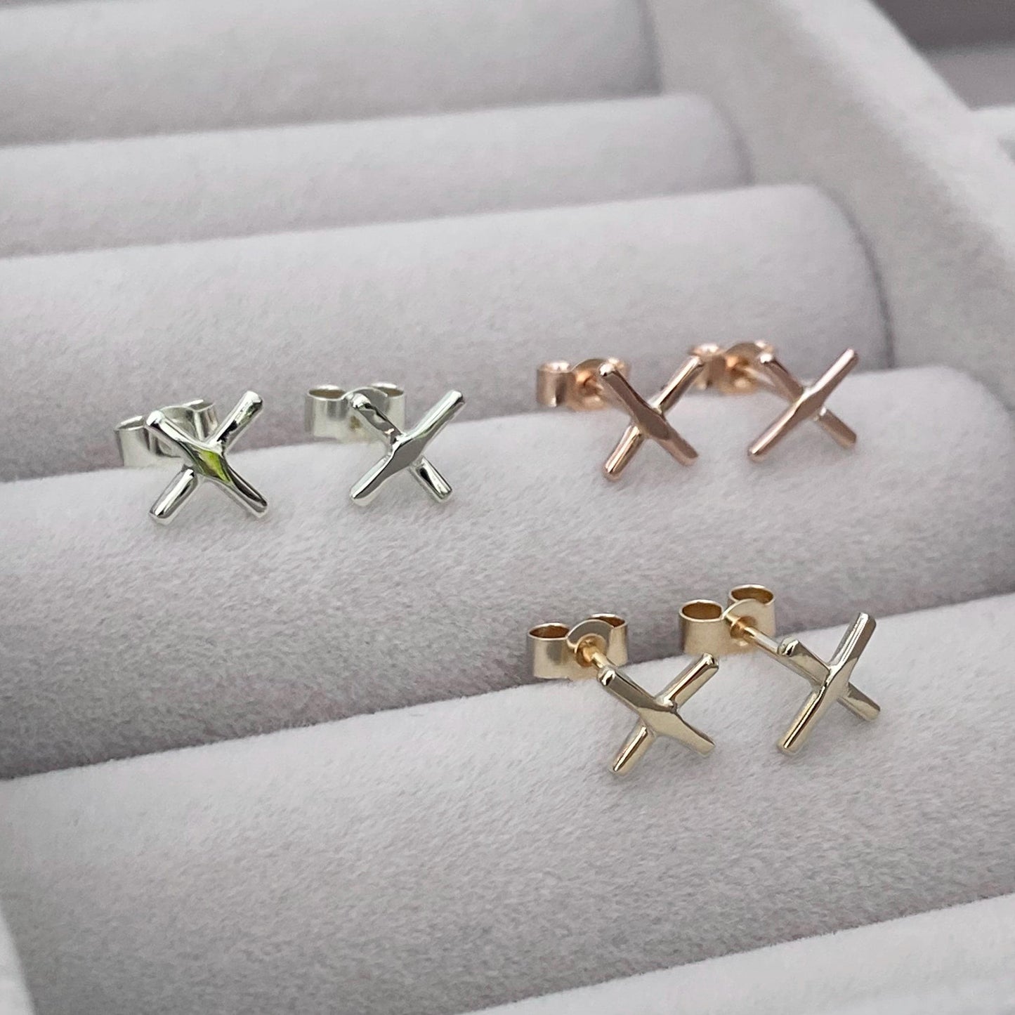 Handmade 9ct yellow, white or rose gold cross kiss stud earrings