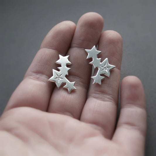 Handmade silver star engraved set diamond four star design stud earrings