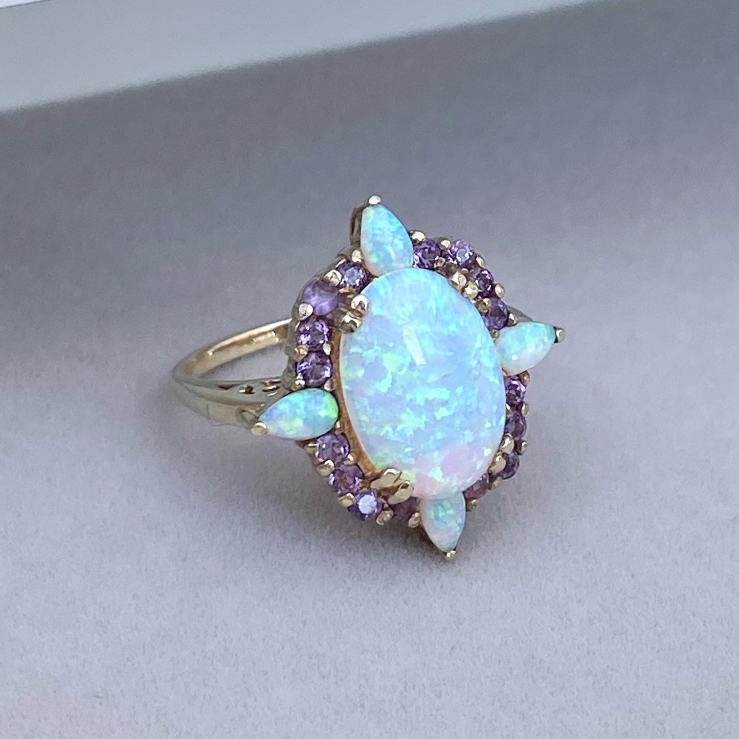 Statement 9ct yellow gold large vivid colours Synthetic Opal and Amethyst ring