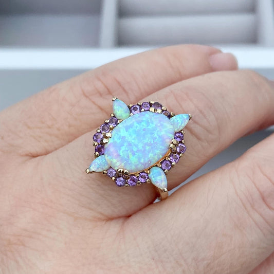 Statement 9ct yellow gold large vivid colours Synthetic Opal and Amethyst ring