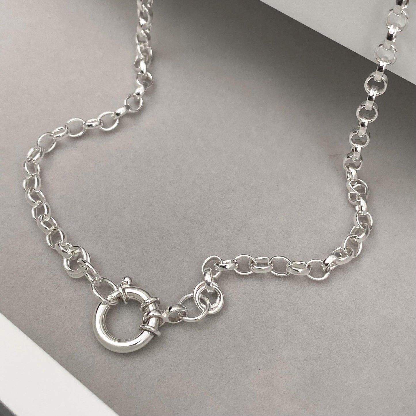 Oxidised or polished solid silver 4.3mm belcher chain necklace with a jumbo 13mm bolt ring