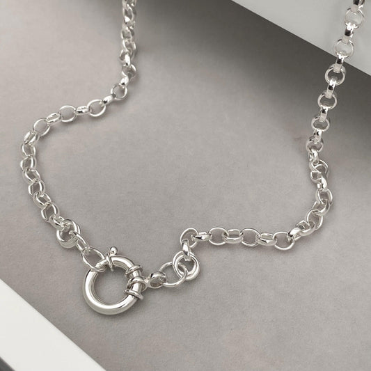 Oxidised or polished solid silver 4.3mm belcher chain necklace with a jumbo 13mm bolt ring