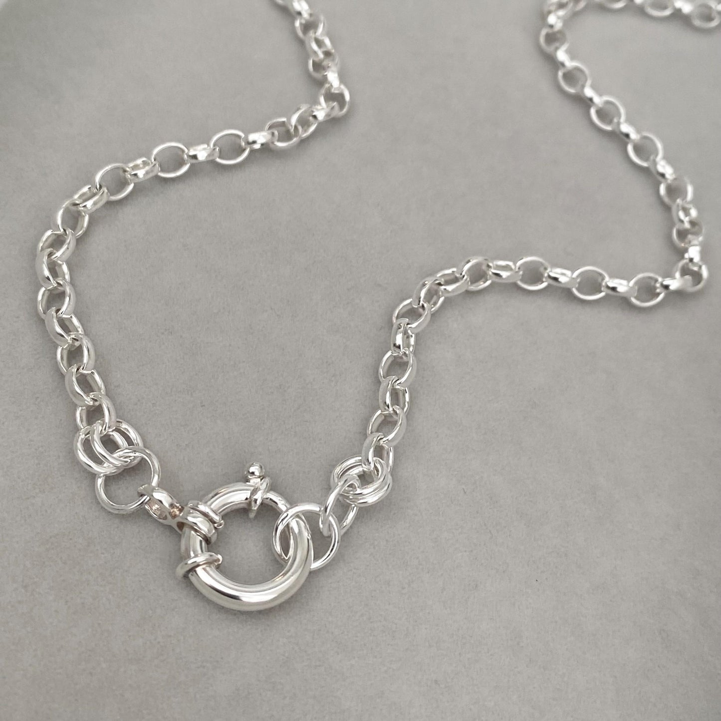 Oxidised or polished solid silver 4.3mm belcher chain necklace with a jumbo 13mm bolt ring