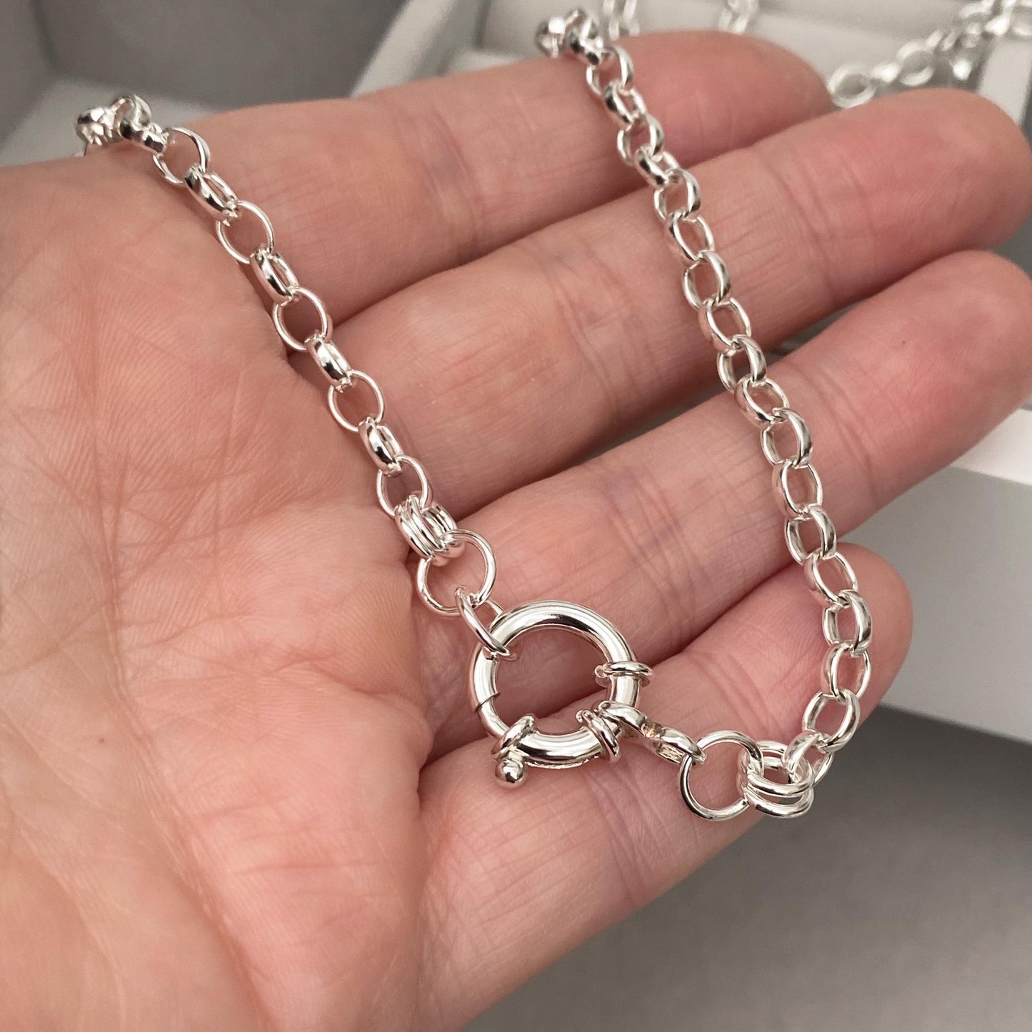 Oxidised or polished solid silver 4.3mm belcher chain necklace with a jumbo 13mm bolt ring