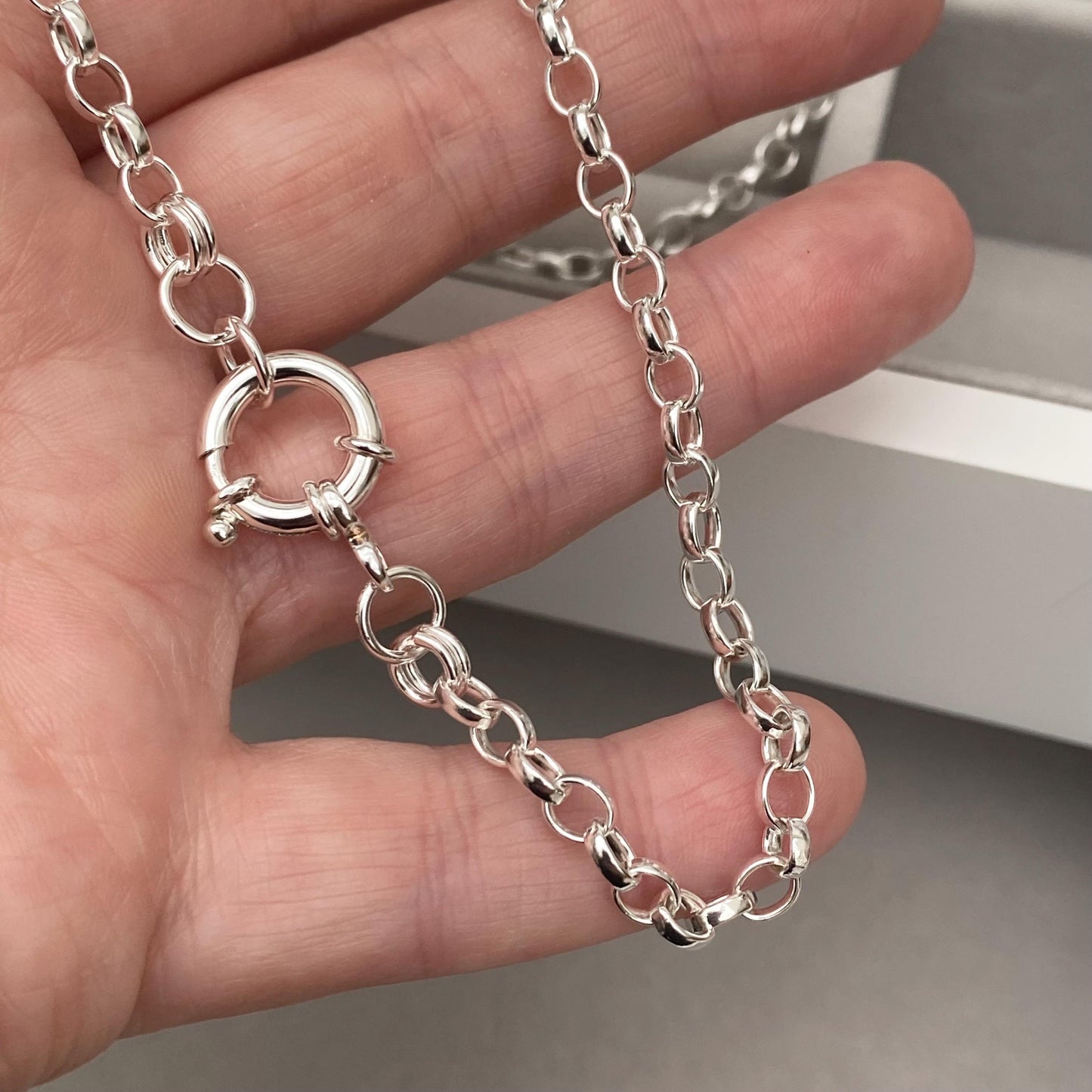 Oxidised or polished solid silver 4.3mm belcher chain necklace with a jumbo 13mm bolt ring