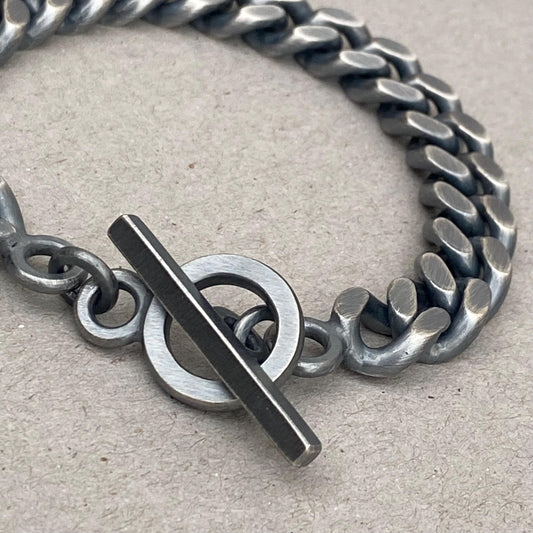 Oxidised solid silver 10.4mm wide heavy filed curb chain bracelet with a handmade T-bar
