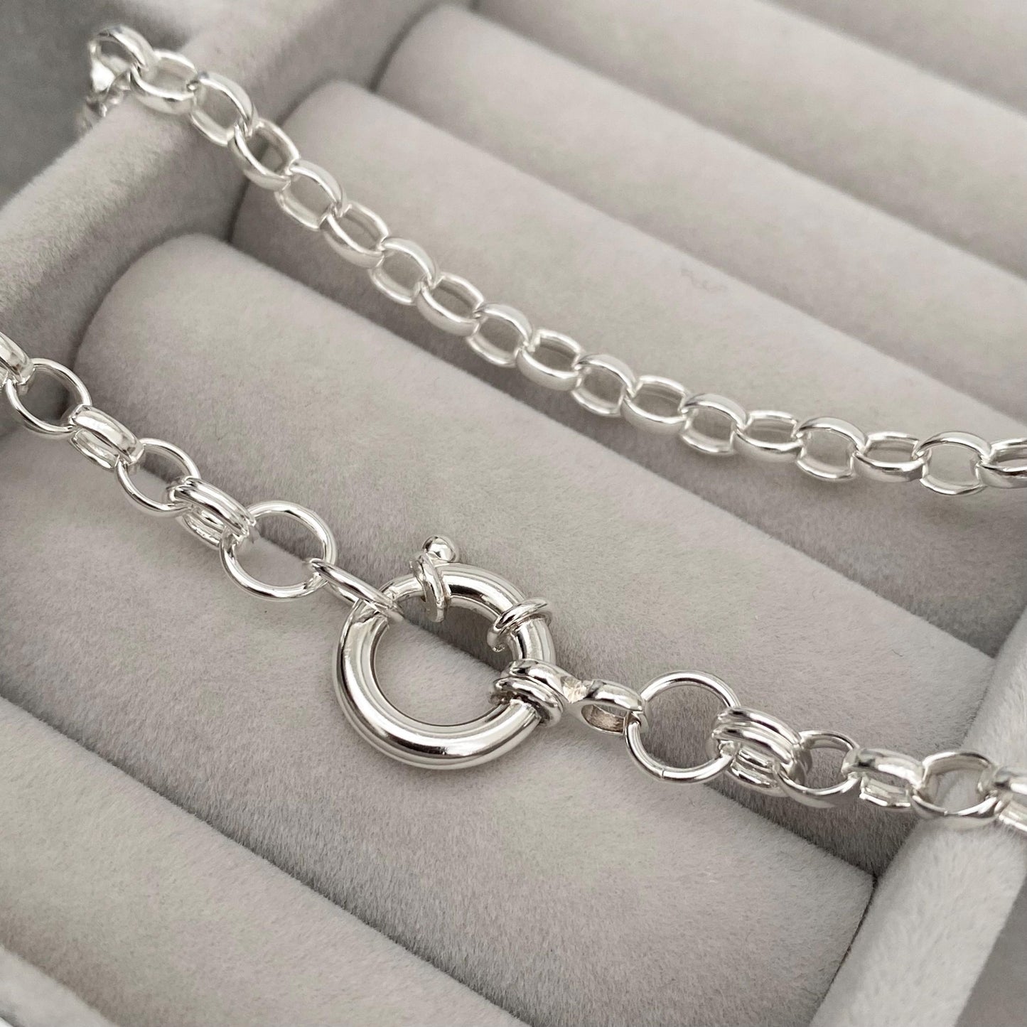 Oxidised or polished solid silver 4.3mm belcher chain necklace with a jumbo 13mm bolt ring