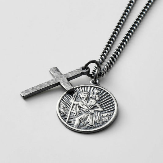 Oxidised or polished solid silver round Saint Christopher and hammered cross pendant and curb chain