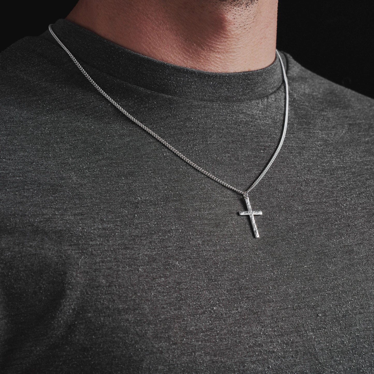 Solid silver standard size hammered cross pendant and on a 2.1mm wide tight curb chain -Oxidised or polished