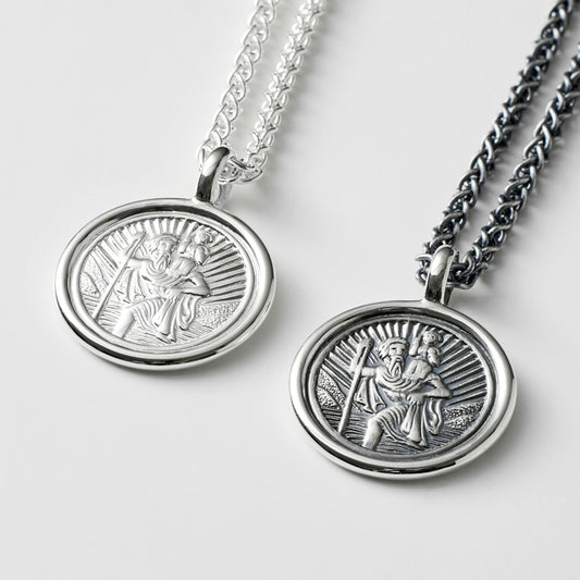 Oxidised solid silver round Saint Christopher framed pendant on a 2.5mm wide spiga chain