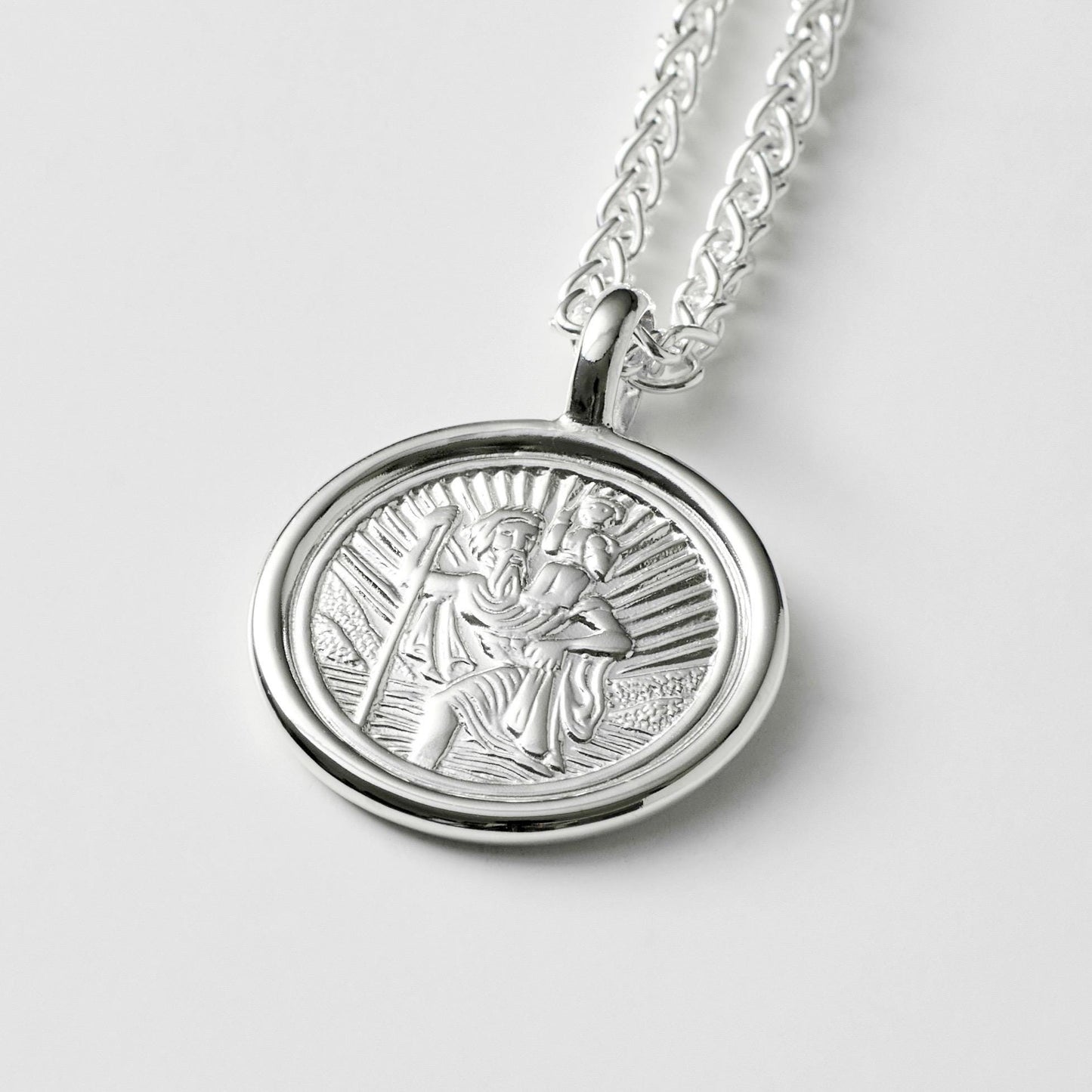 Oxidised solid silver round Saint Christopher framed pendant on a 2.5mm wide spiga chain