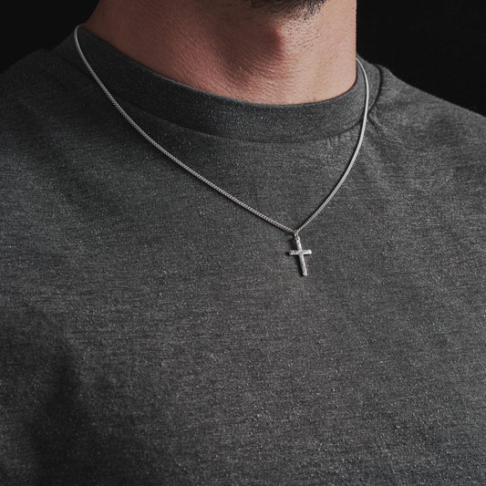 Oxidised or polished small size silver hammered cross pendant and curb chain