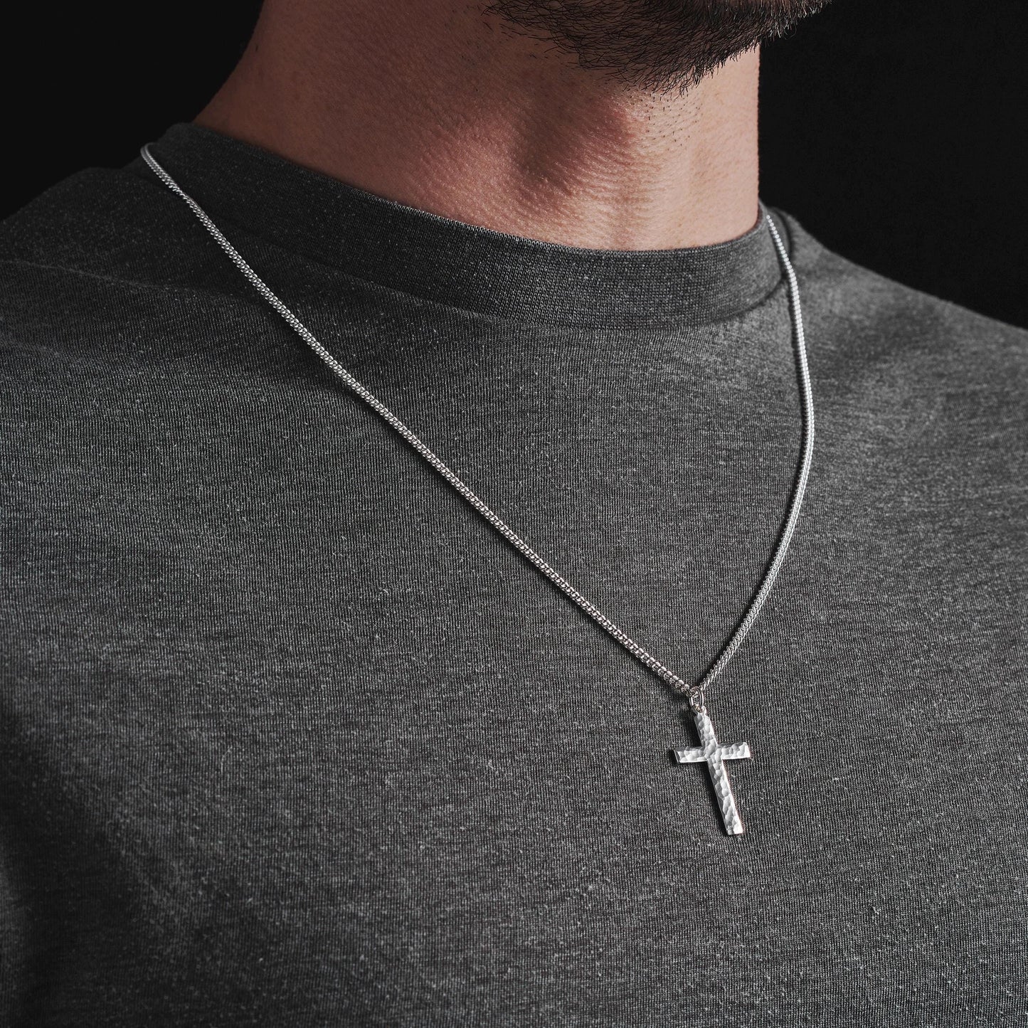 Oxidised or polished medium size sterling silver hammered cross pendant on a curb chain