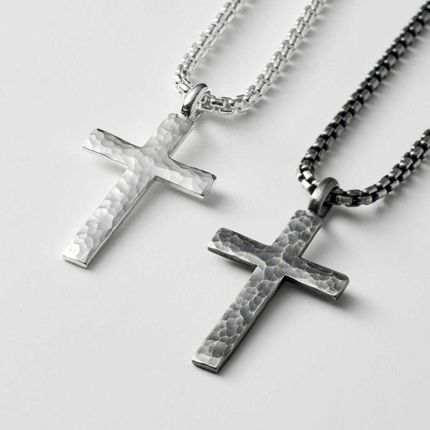 Oxidised or polished medium size sterling silver hammered cross pendant on a box belcher chain