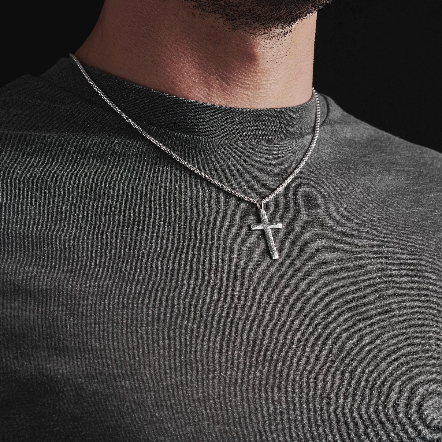 Oxidised or polished medium size sterling silver hammered cross pendant on a box belcher chain