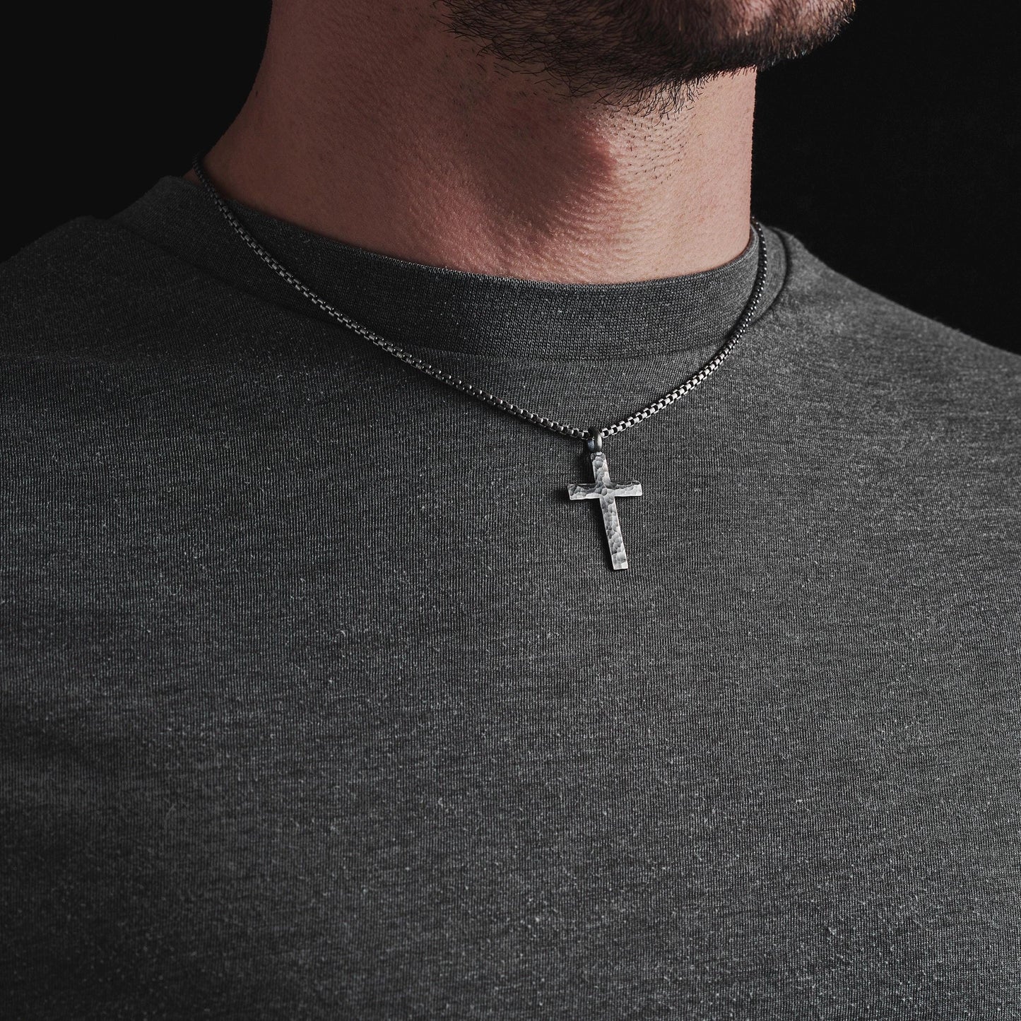 Oxidised or polished medium size sterling silver hammered cross pendant on a box belcher chain