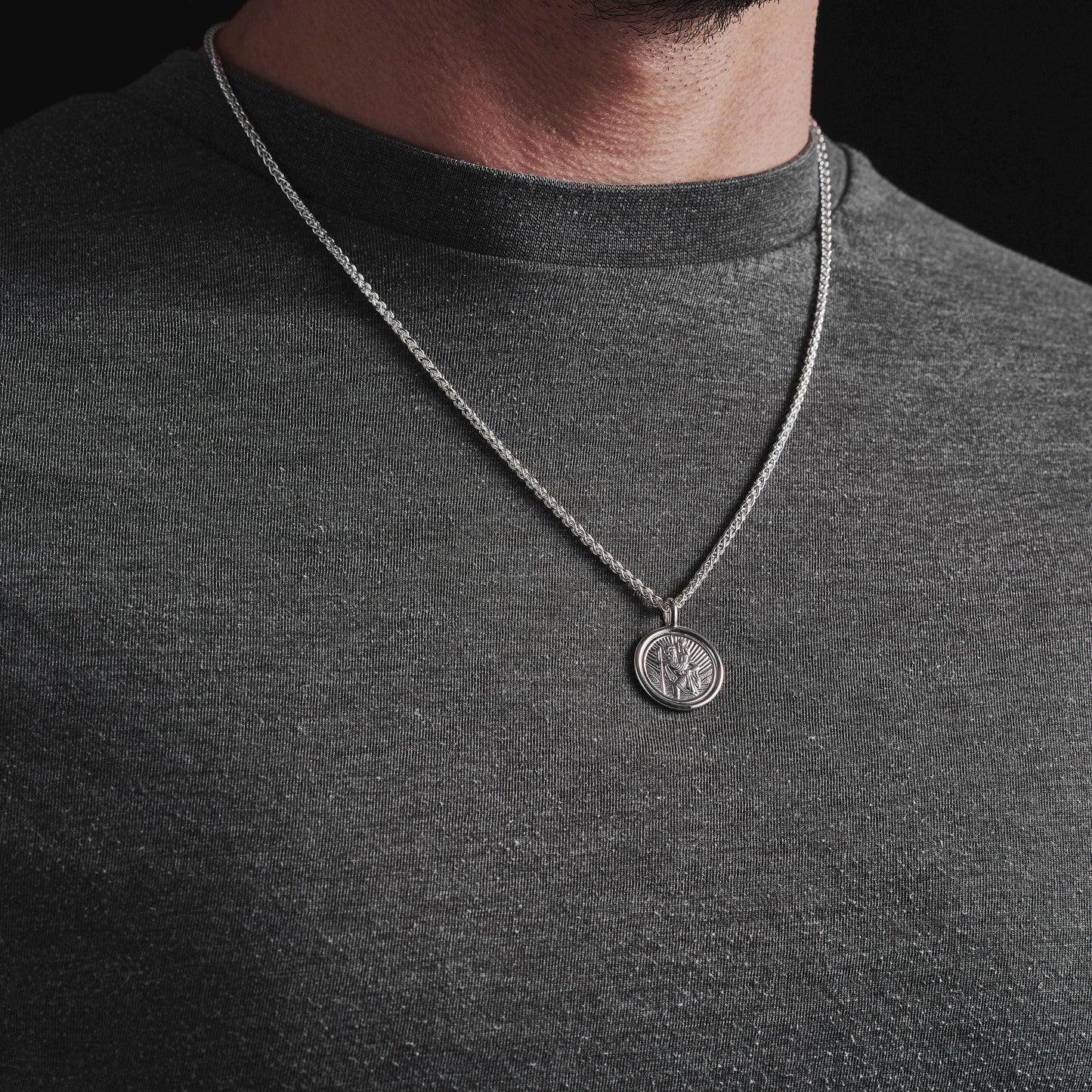 Oxidised solid silver round Saint Christopher framed pendant on a 2.5mm wide spiga chain