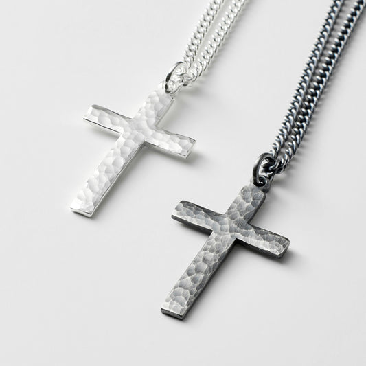 Oxidised or polished medium size solid silver hammered cross pendant on a curb chain