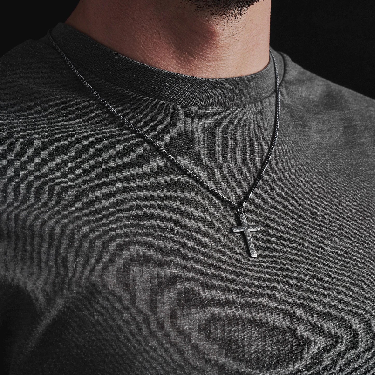 Oxidised or polished medium size sterling silver hammered cross pendant on a curb chain