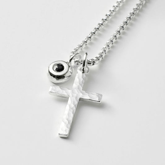 Oxidised or polished small size solid silver hammered cross pendant and black sapphire nugget charm and box chain