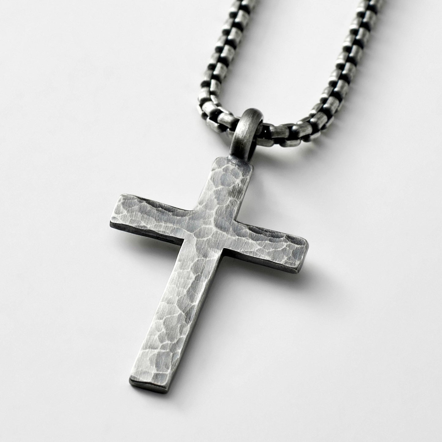 Oxidised or polished medium size sterling silver hammered cross pendant on a box belcher chain