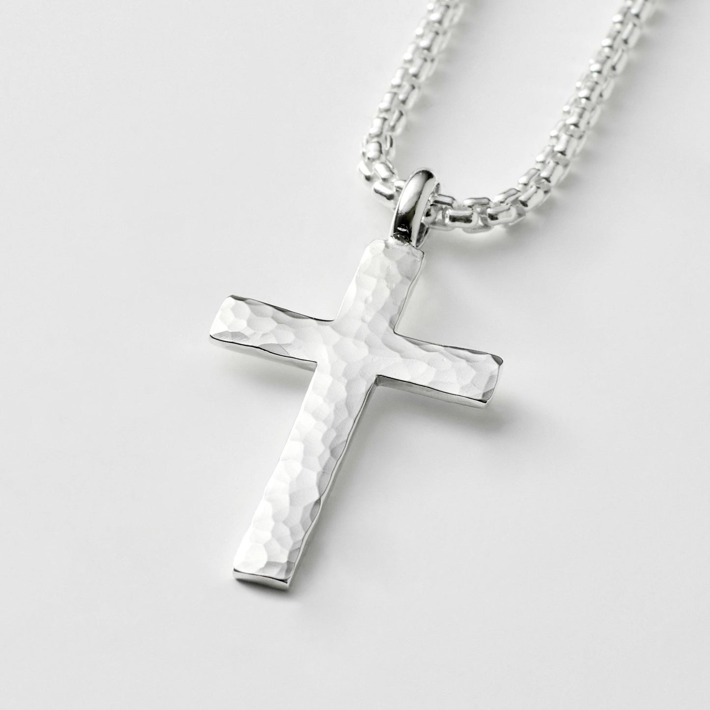 Oxidised or polished medium size sterling silver hammered cross pendant on a box belcher chain