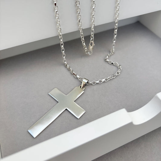 Vintage very large solid silver cross pendant on a new 26” silver oval trace chain