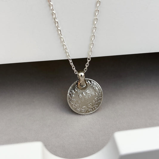 Vintage 1885 silver Queen Victoria six pence coin pendant on a new 22” silver trace chain