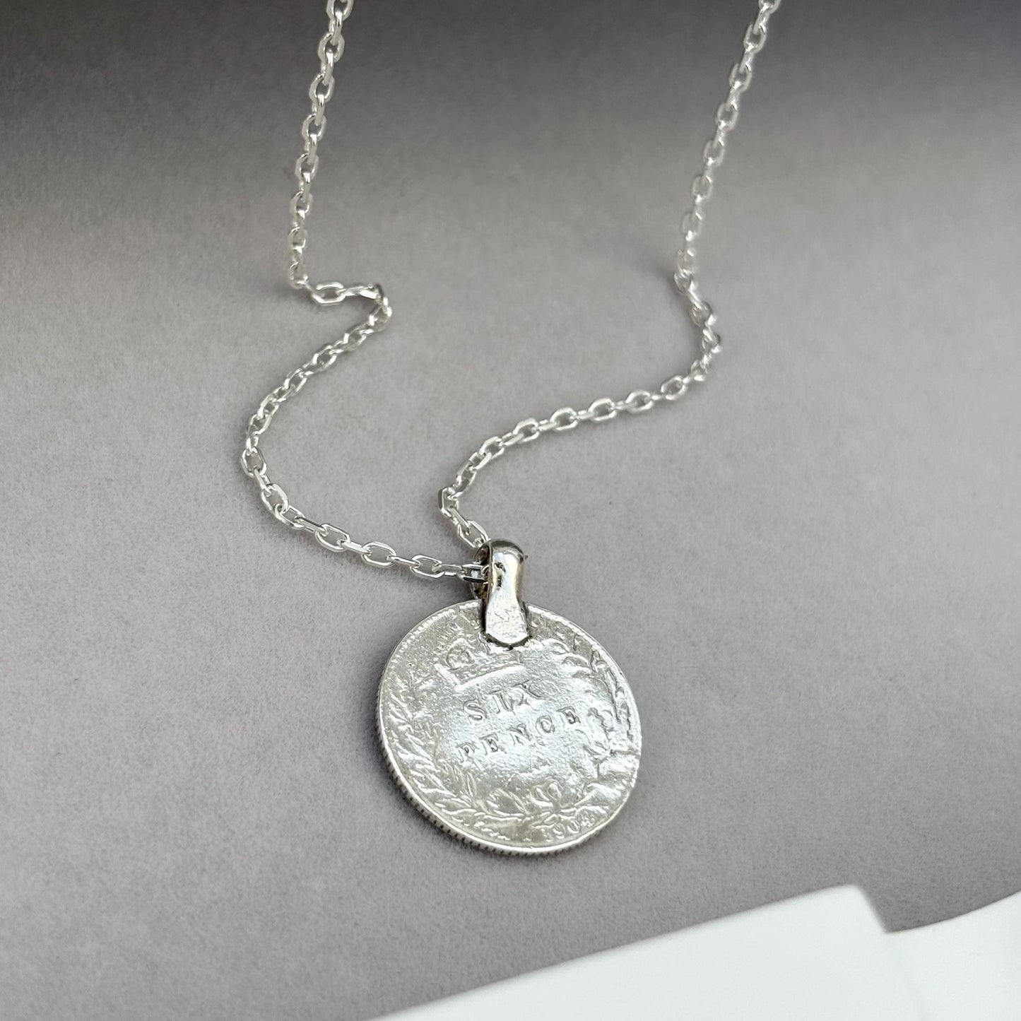 Vintage 1904 silver King Edward six pence coin pendant on a new 24” silver trace chain