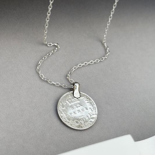 Vintage 1904 silver King Edward six pence coin pendant on a new 24” silver trace chain