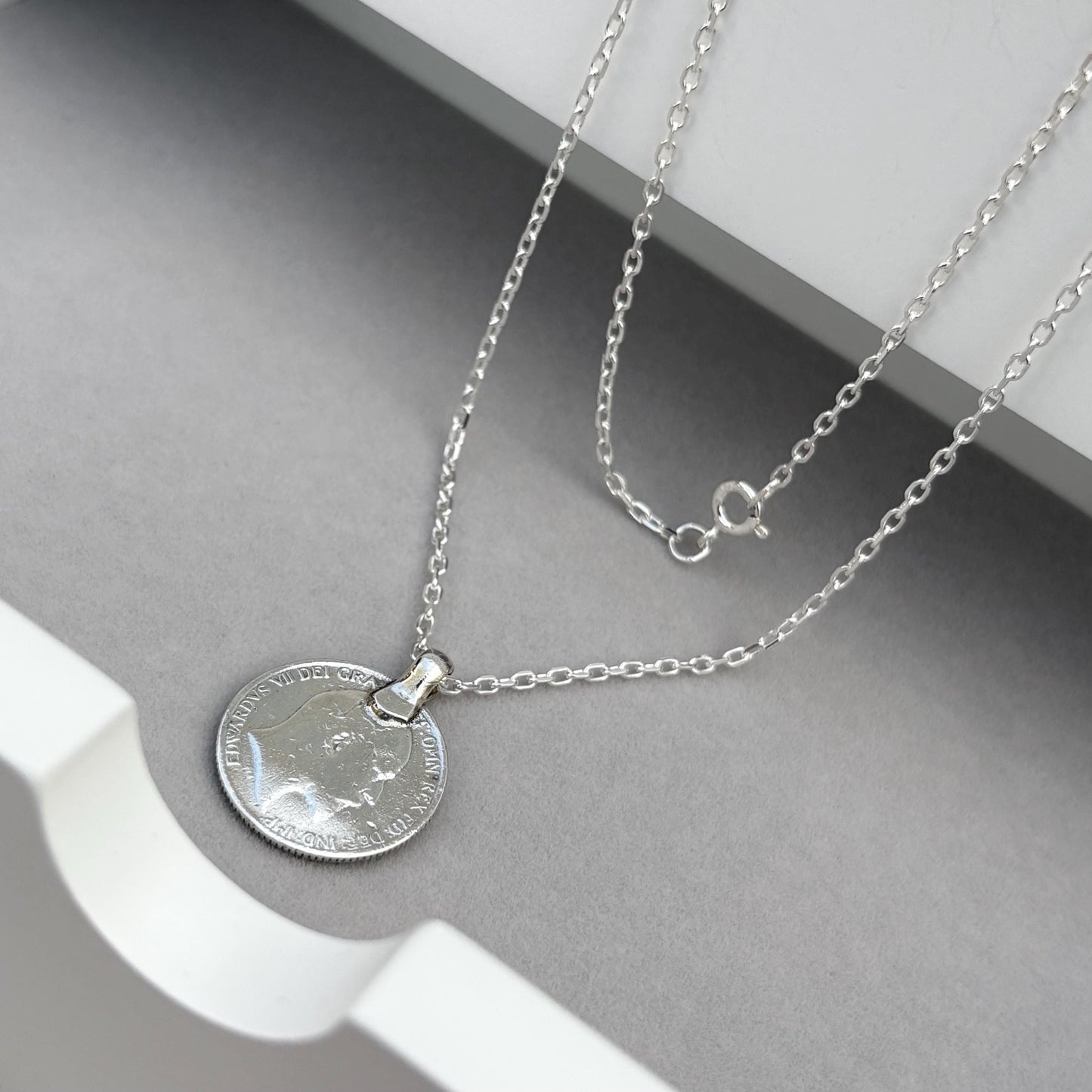 Vintage 1904 silver King Edward six pence coin pendant on a new 24” silver trace chain
