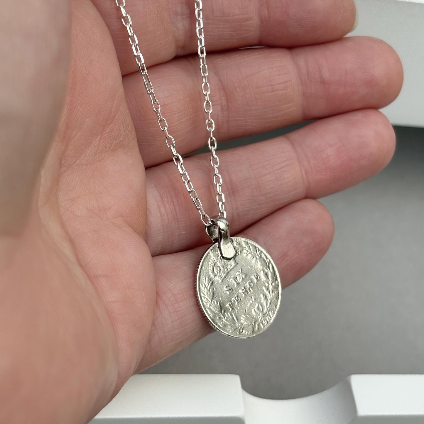Vintage 1904 silver King Edward six pence coin pendant on a new 24” silver trace chain