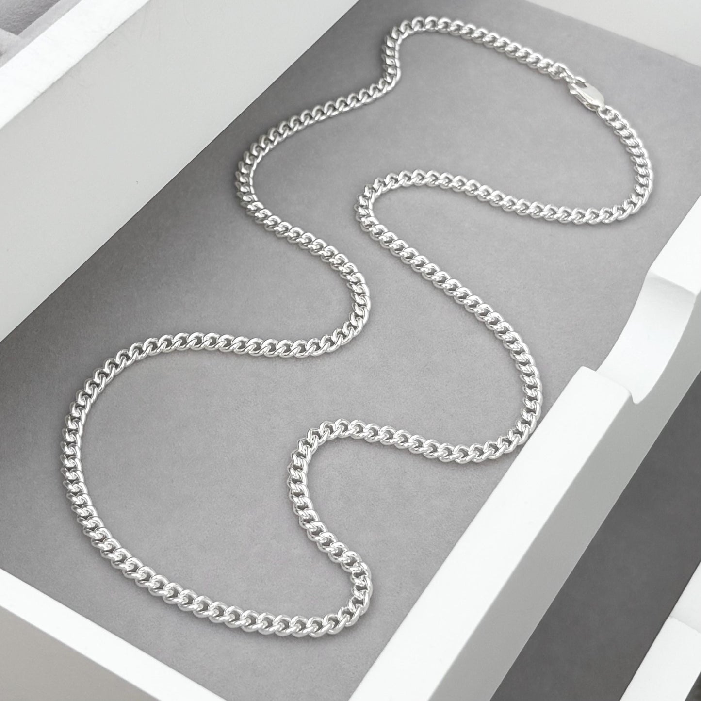 Oxidised or polished sterling silver rounded curb chain