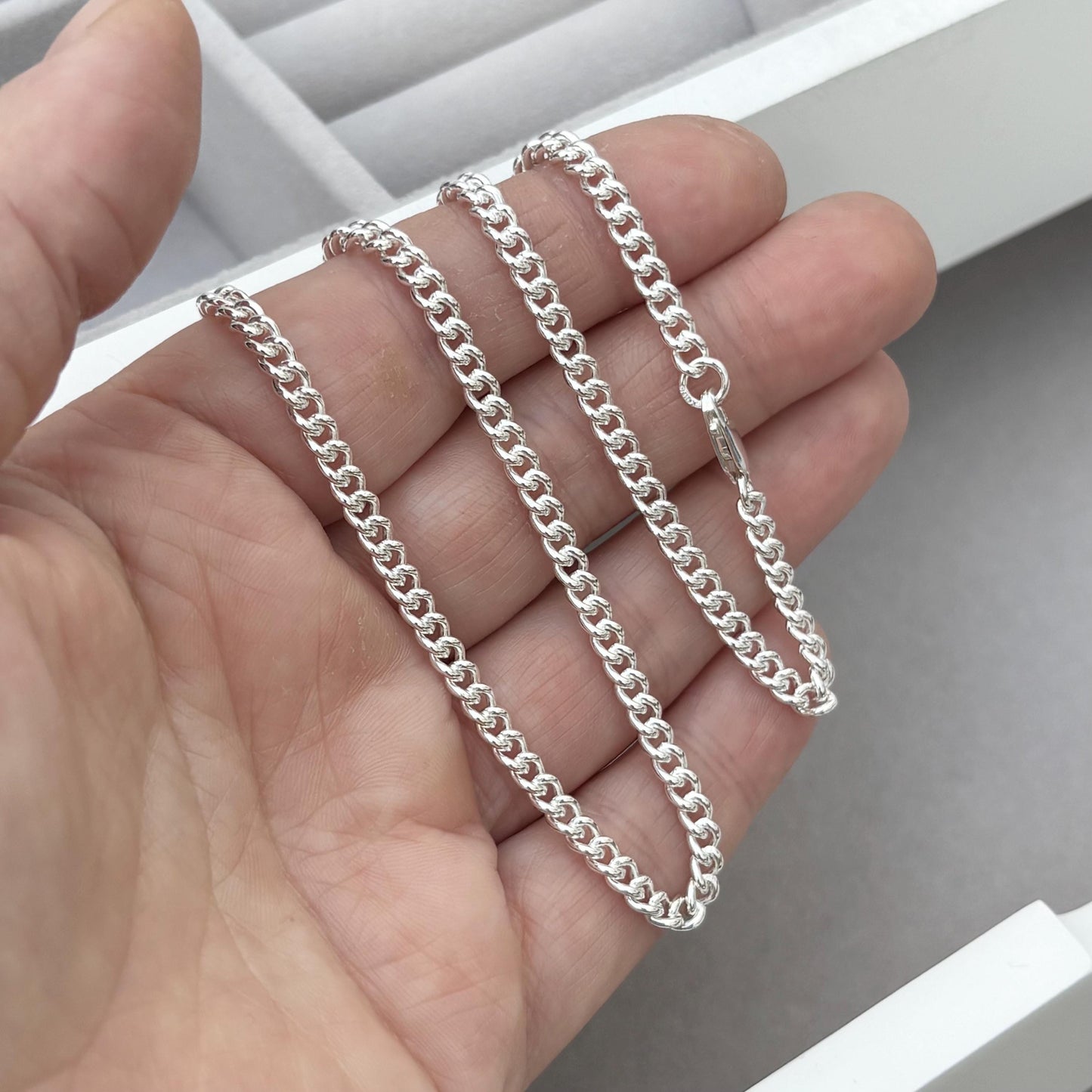 Oxidised or polished sterling silver rounded curb chain