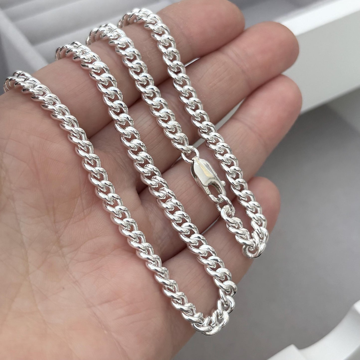 Oxidised or polished sterling silver rounded curb chain